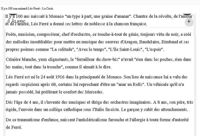 22/08/2016 La Croix Il y a 100 ans naissait Léo Ferré
